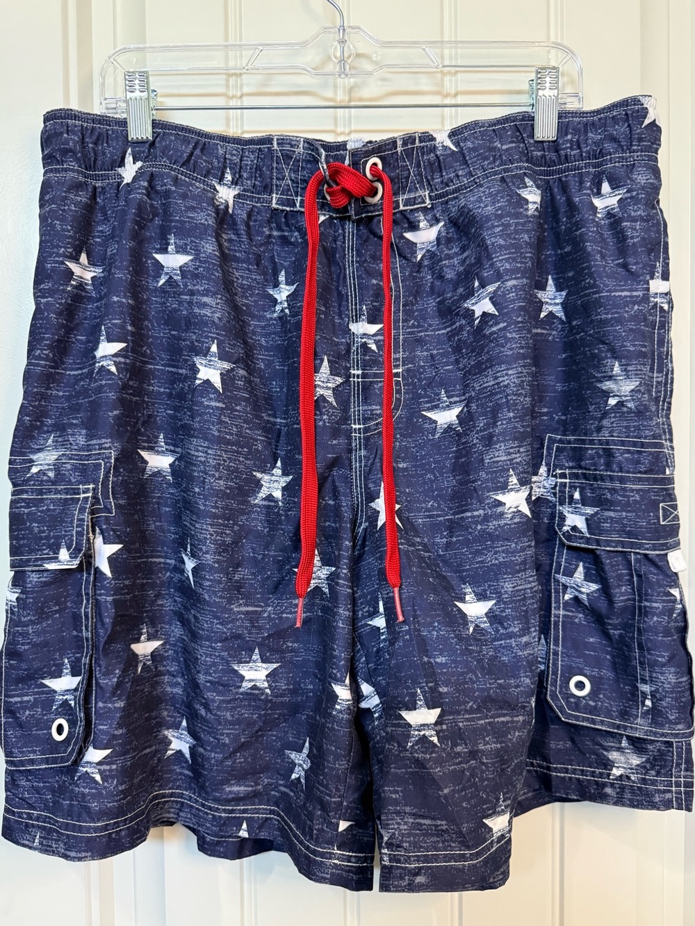 CASCADE SPORT, Men’s Navy Star Print Swim Trunks with Red Drawstring Size XL